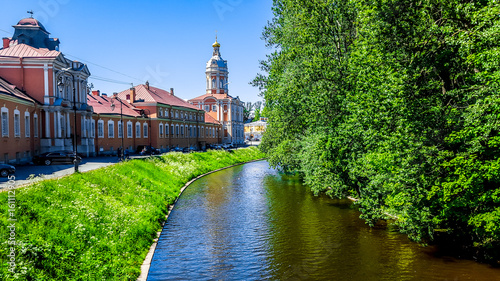 River in front of Holy Trinity Alexander Nevsky Lavra in Saint Petersburg, Russia