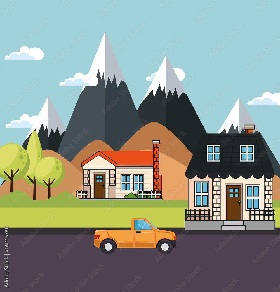 Houses with mountains and dunes behind vector illustration