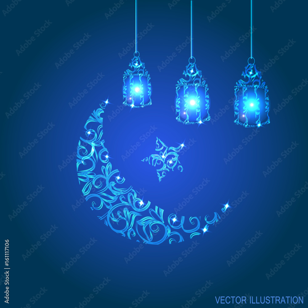 Blue background with moon and lanterns. Shiny illustration for Muslim holy month Ramadan Kareem. Blue background with moon and lanterns. Shiny illustration for Muslim holy month Ramadan Kareem.