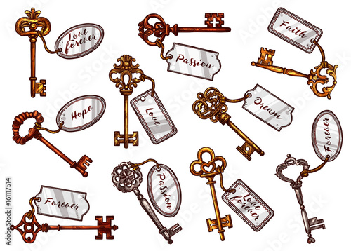 Vector sketch vintage keys with keychain tags