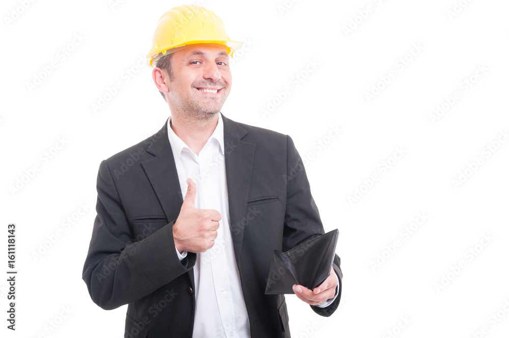 Foreman wearing yellow hardhat holding wallet showing like Foreman wearing yellow hardhat holding wallet showing like