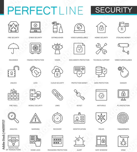 Security protection thin line web icons set. Data, web, personal and home security outline stroke icons design.