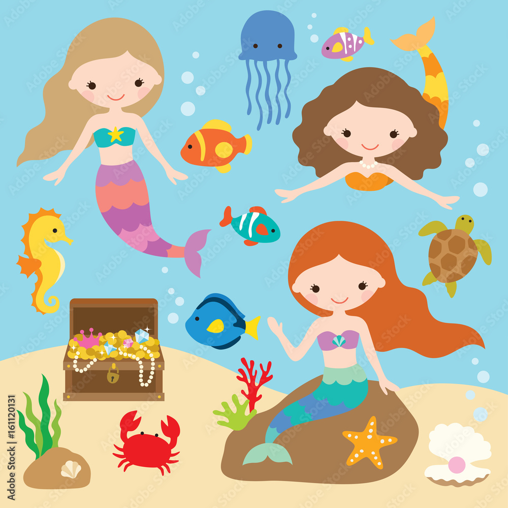 Fototapeta premium Vector illustration of cute little mermaids with fishes, jellyfish, starfish, crab, turtle, seahorse, shells, and treasure chest under the sea.
