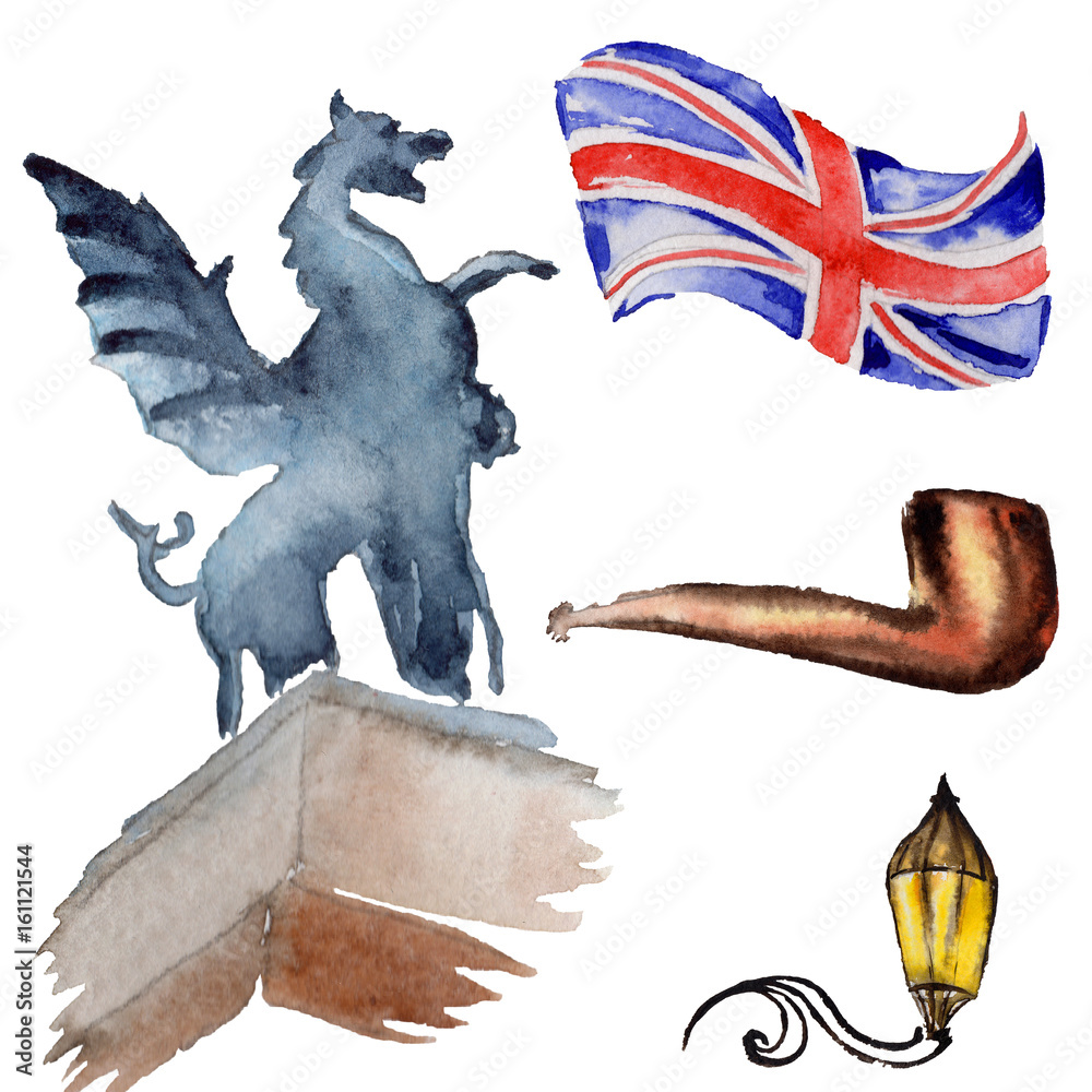 Fototapeta premium Watercolor London illustration. Great Britain hand drawn symbols.