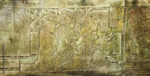 Bas-relief carving with of a Mayan kings in ancient city, Palenque, Chiapas, Mexico