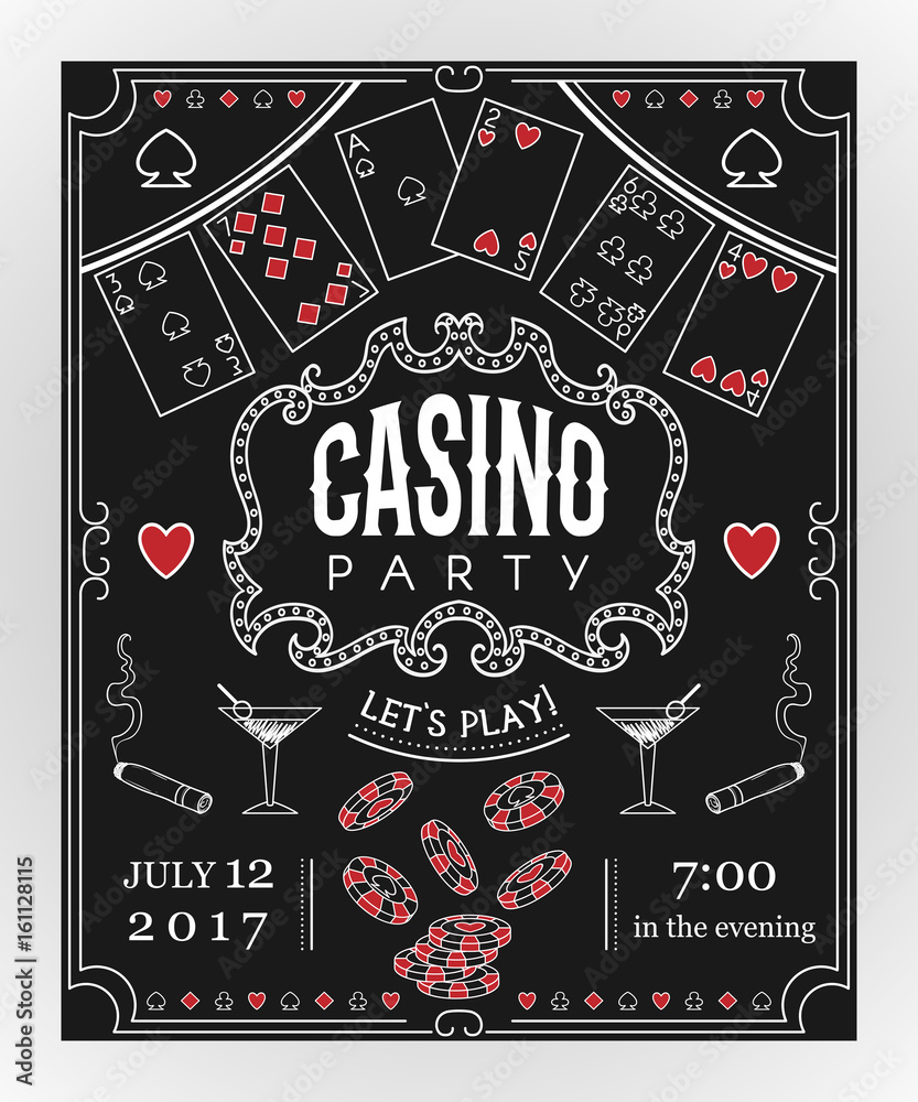 Fototapeta premium Zaproszenie na imprezę kasynową na tablicy z elementami dekoracyjnymi. Ilustracja wektorowa vintage