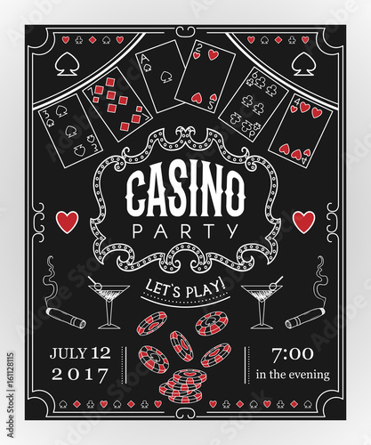 Casino party invitation on chalkboard with decorative elements. Vintage vector illustration