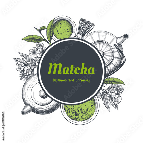 Vector frame with tea. Japanese tea ceremony. Matcha tea. Vintage style