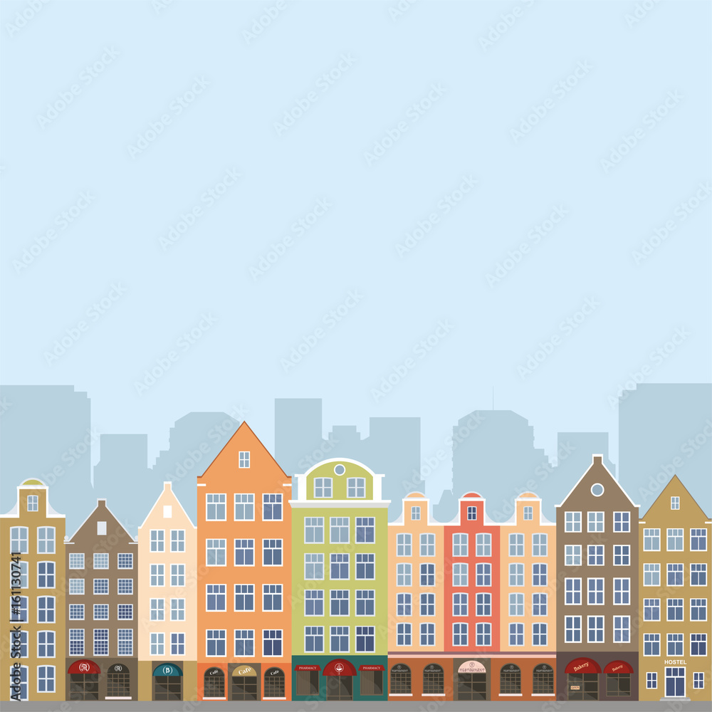 Image of the street of the European city. Vector illustration.