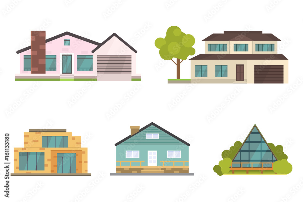 Cottage and assorted real estate building icons. Residential house collection in new cartoon style