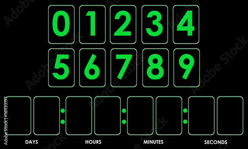 Countdown timer mockup with green digits. Vector illustration