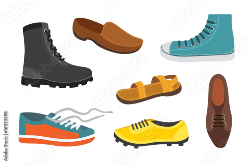 Male man season shoes in flat style. Men boots isolated set vector illustration