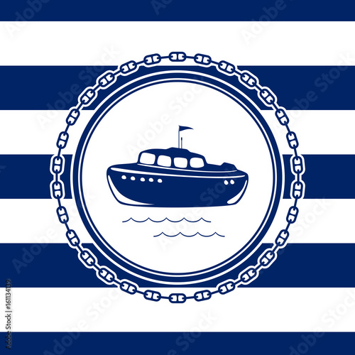Round Sea Emblem Lifeboat and Chain on a Striped Marine Background, Vector Illustration