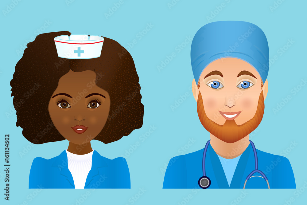 Fototapeta premium Man and woman professional medical staff icons with stethoscope. Vector illustration