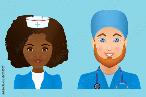 Man and woman professional medical staff icons with stethoscope. Vector illustration