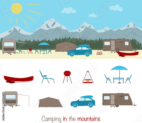 Summertime. Camping in the mountains with caravan, tent and canoe. 