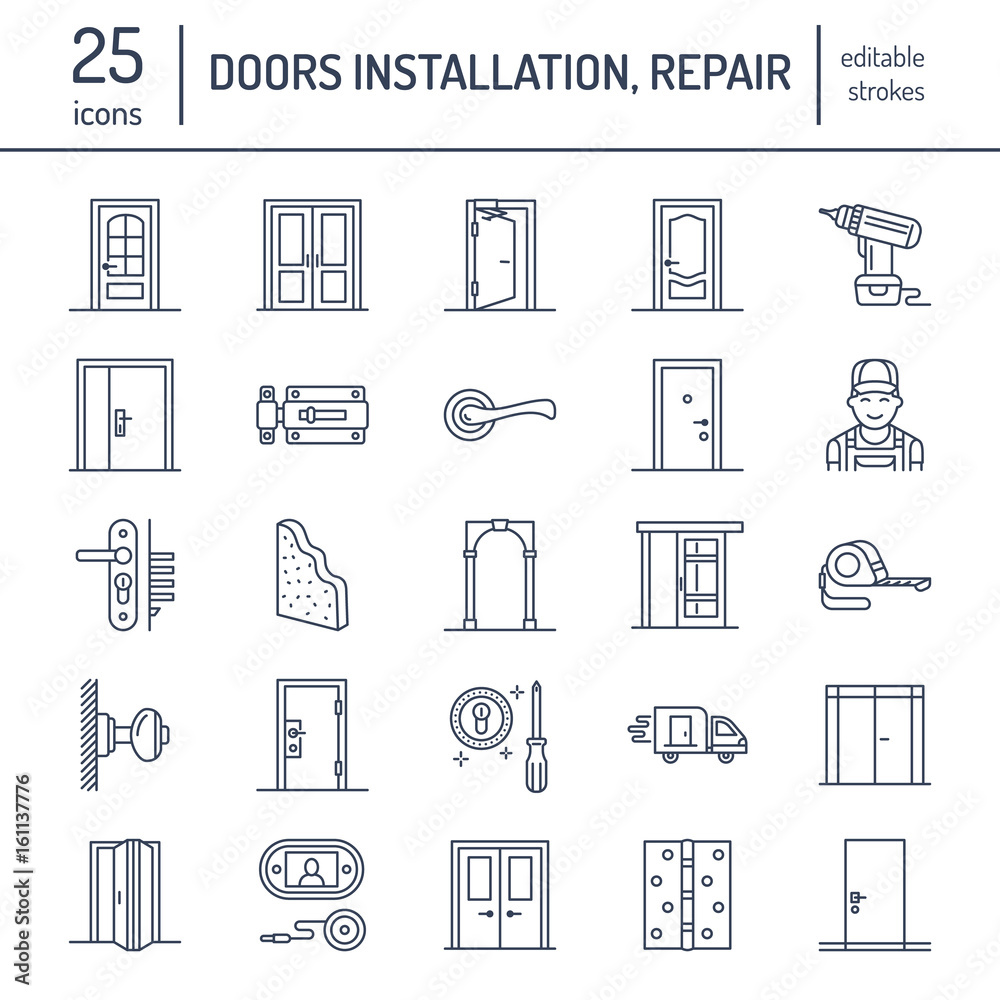 Obraz premium Doors installation, repair line icons. Various door types, handle, latch, lock, hinges. Interior design thin linear signs for house decor shop, handyman service.