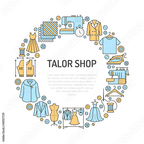 Clothing repair, alterations studio equipment banner illustration. Vector line icon of tailor store services - dressmaking, suit, garment sewing. Clothes atelier circle template with place for text.