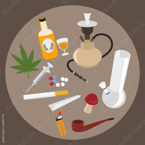 Drugs flat icons set. Marijuana narcotic, addiction and capsule, smoke pipe, tablet pharmacy, vector illustration