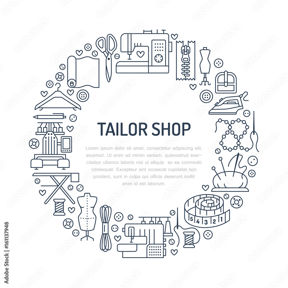 Sewing equipment, hand made supplies banner illustration. Vector line icon needlework accessories - sewing machine, fabric, pin, iron, hanger, DIY tools. Tailor store template with place for text.