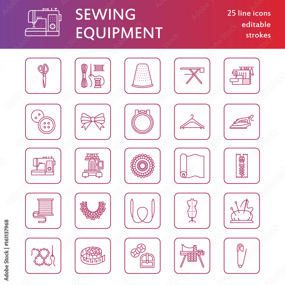 Sewing equipment, tailor supplies flat line icons set. Needlework accessories - sewing embroidery machine, pin, needle, thread, zipper, hanger, DIY tools. Linear signs set, logos for hand made store. Sewing equipment, tailor supplies flat line icons set. Needlework accessories - sewing embroidery machine, pin, needle, thread, zipper, hanger, DIY tools. Linear signs set, logos for hand made store.