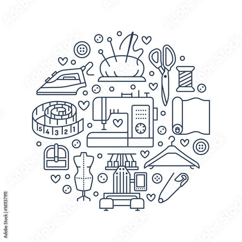 Sewing equipment, hand made supplies banner illustration. Vector line icon needlework accessories - sewing machine, fabric, pin, needle, thread, iron, hanger and other DIY tools. Tailor store template