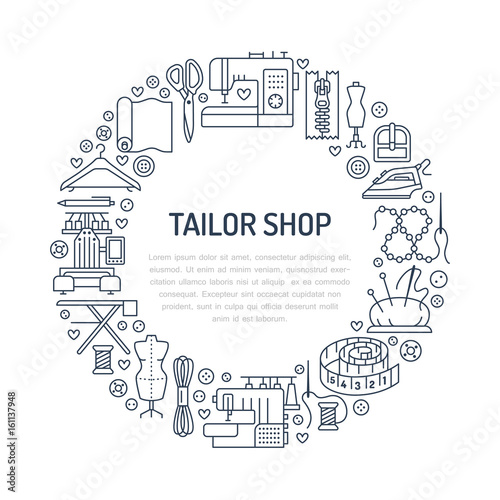 Sewing equipment, hand made supplies banner illustration. Vector line icon needlework accessories - sewing machine, fabric, pin, iron, hanger, DIY tools. Tailor store template with place for text.