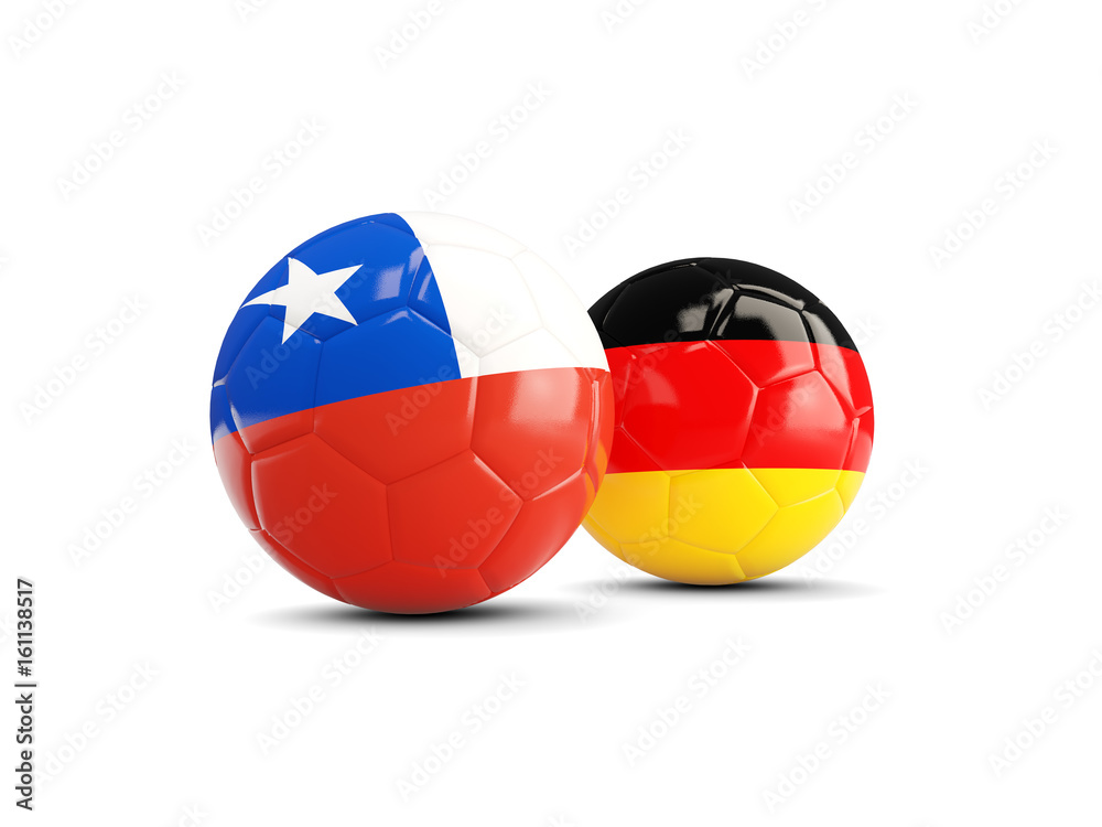 Two footballs with flags of Chile and Germany isolated on white Two footballs with flags of Chile and Germany isolated on white