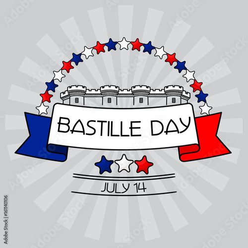 Bastille Day card. Stars, Bastille fortress,