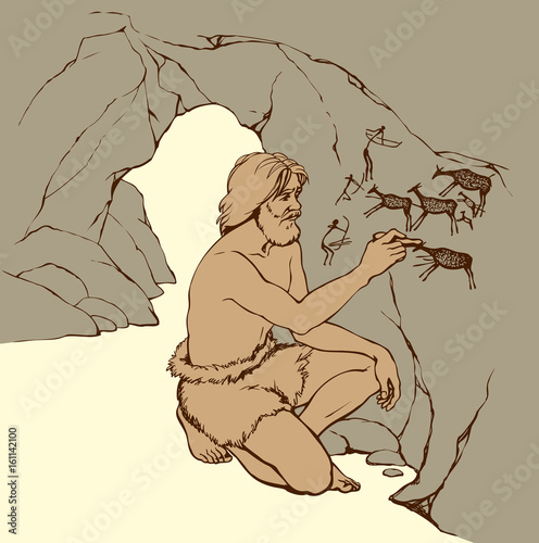 Vector picture. Primitive man draws on stone wall of cave