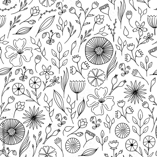 Hand drawn floral seamless pattern. Doodle herbs and flowers.