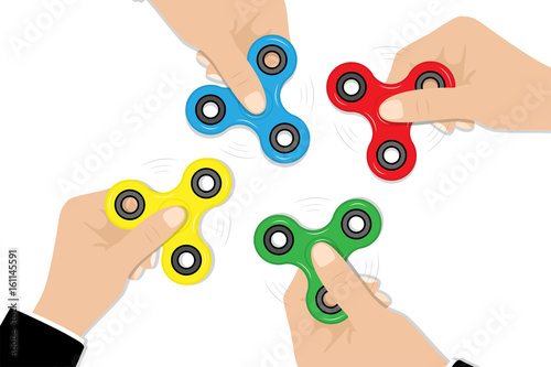 Fidget Spinners in hands, popular fidget spinner toy, stress relief, Vector illustration