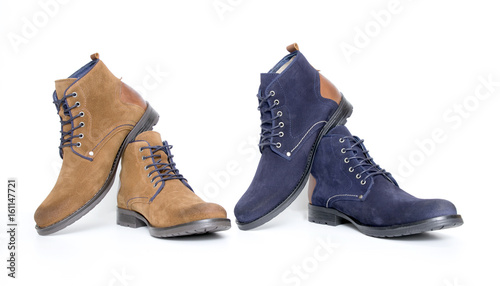 Male Brown and Blue Boots on White Background, Isolated Product, Top View, Studio.