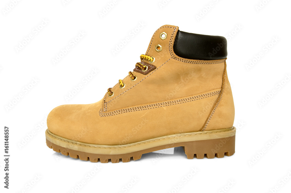 Male Brown Boot on White Background, Isolated Product, Top View, Studio. Male Brown Boot on White Background, Isolated Product, Top View, Studio.