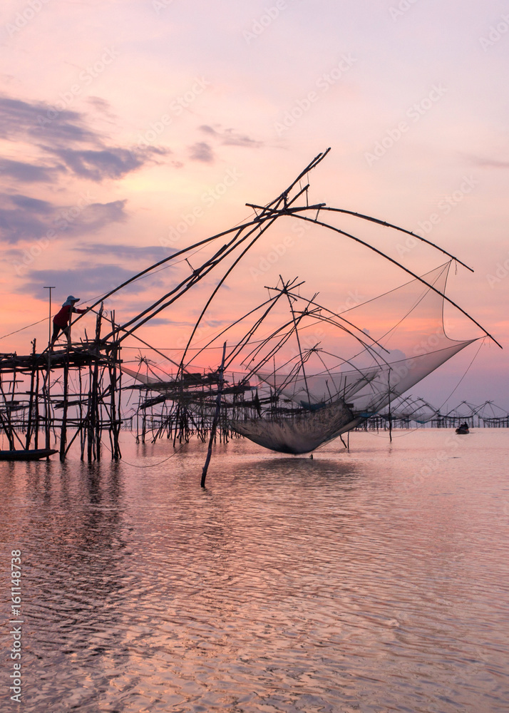 Thai style fishing trap in Pak Pra Village, Net Fishing Thailand, Thailand Shrimp Fishing, Phatthalung, Thailand.