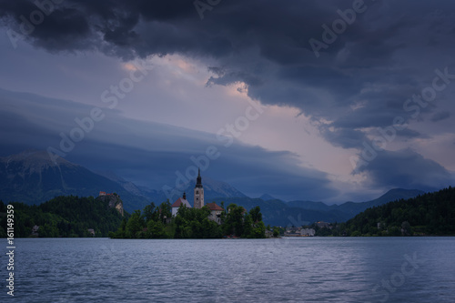Amazing spring sunrise on Bled lake, Island, Church And Castle with Mountain Range (Stol, Vrtaca, Begunjscica) In The Background - Bled, Slovenia, Europe