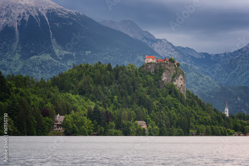 Amazing view on Bled lake, Bled castle at sunrise with mountain Triglav in background. Slovenia, Europe