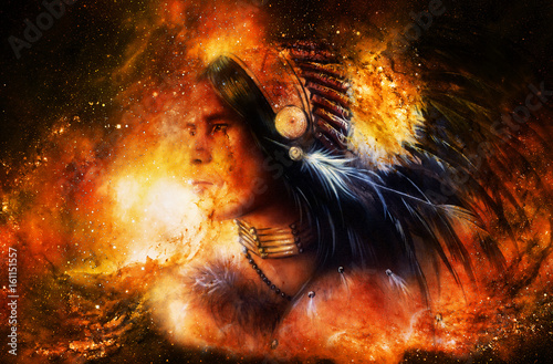 Beautiful young indian warrior in cosmic space. Painting collage. Fire effect. © jozefklopacka