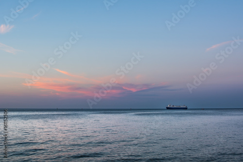 Fotografie, Obraz Big vessel standing on the horizon under pink sunset cloud