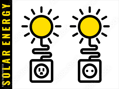 Solar energy icons The sun supplies electricity to your electric outlet Symbol of renewable ecologically friendly power source B and C type sockets Vector illustration isolated on white background photo