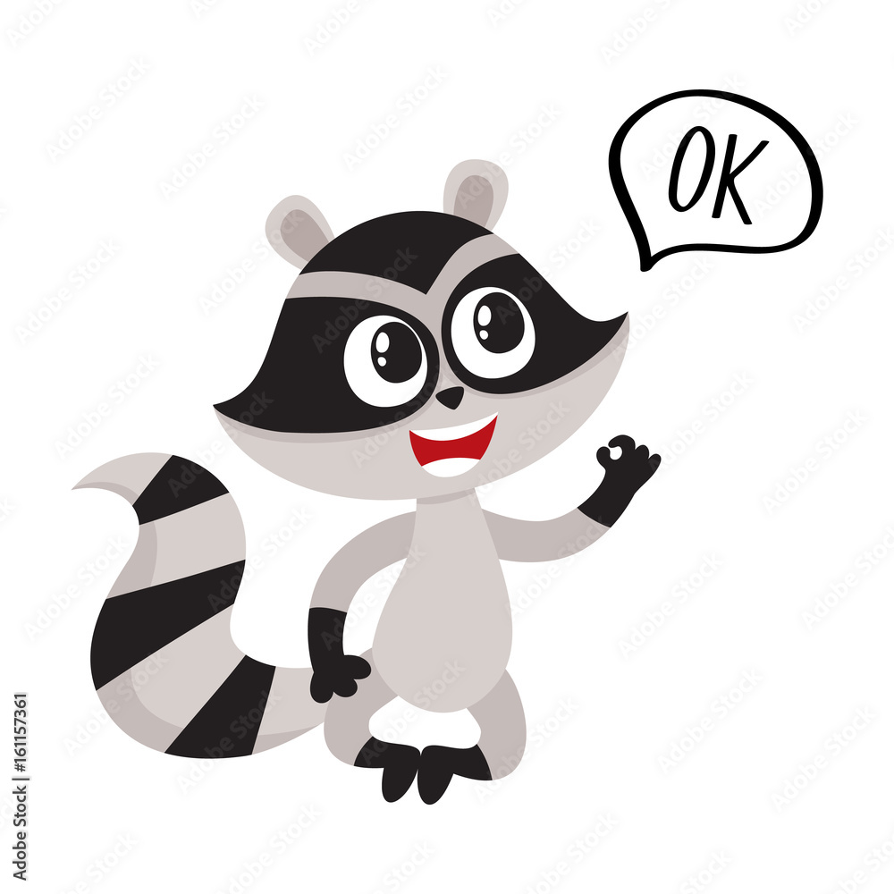 Naklejka premium Cute little raccoon character sitting in lotus pose with OK word in speech bubble, cartoon vector illustration isolated on white background.