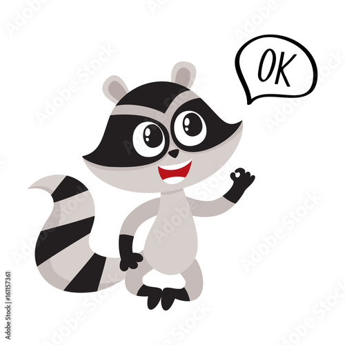 Cute little raccoon character sitting in lotus pose with OK word in speech bubble  cartoon vector illustration isolated on white background.