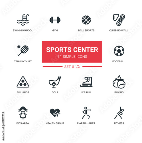 Sports center - modern simple icons, pictograms set