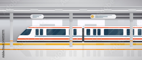 Subway, underground platform with modern train. Horizontal colorful vector illustration in flat style.