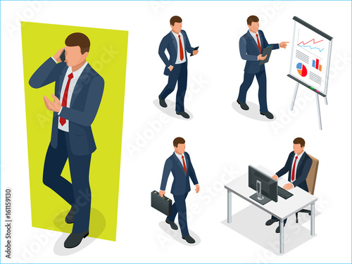 Set of Businessman Man on white background. Isometric character poses. Cartoon people. Create your own design for vector