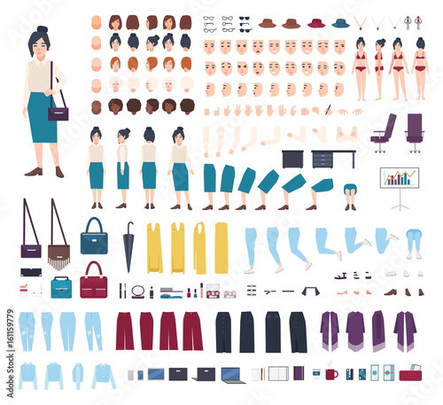 Business woman character constructor. Girl clerk creation set. Different postures, hairstyle, face, legs, hands, clothes collection. vector cartoon illustration. front, side, back view.