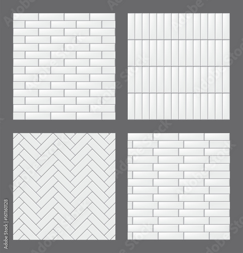 Set of seamless patterns with modern rectangular white tiles. Realistic textures collection. Vector illustration.