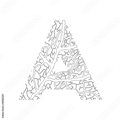 Nature alphabet, ecology decorative font. Capital letter A filled with leaf veins pattern black on white outline background. Leaves texture hand draw nature alphabet. Vector illustration.