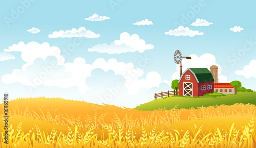 Vector illustration of beautiful landscape with farm.