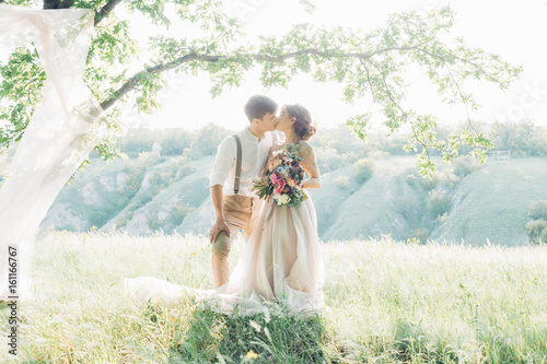 wedding couple on  nature.  bride and groom hugging at  wedding. 